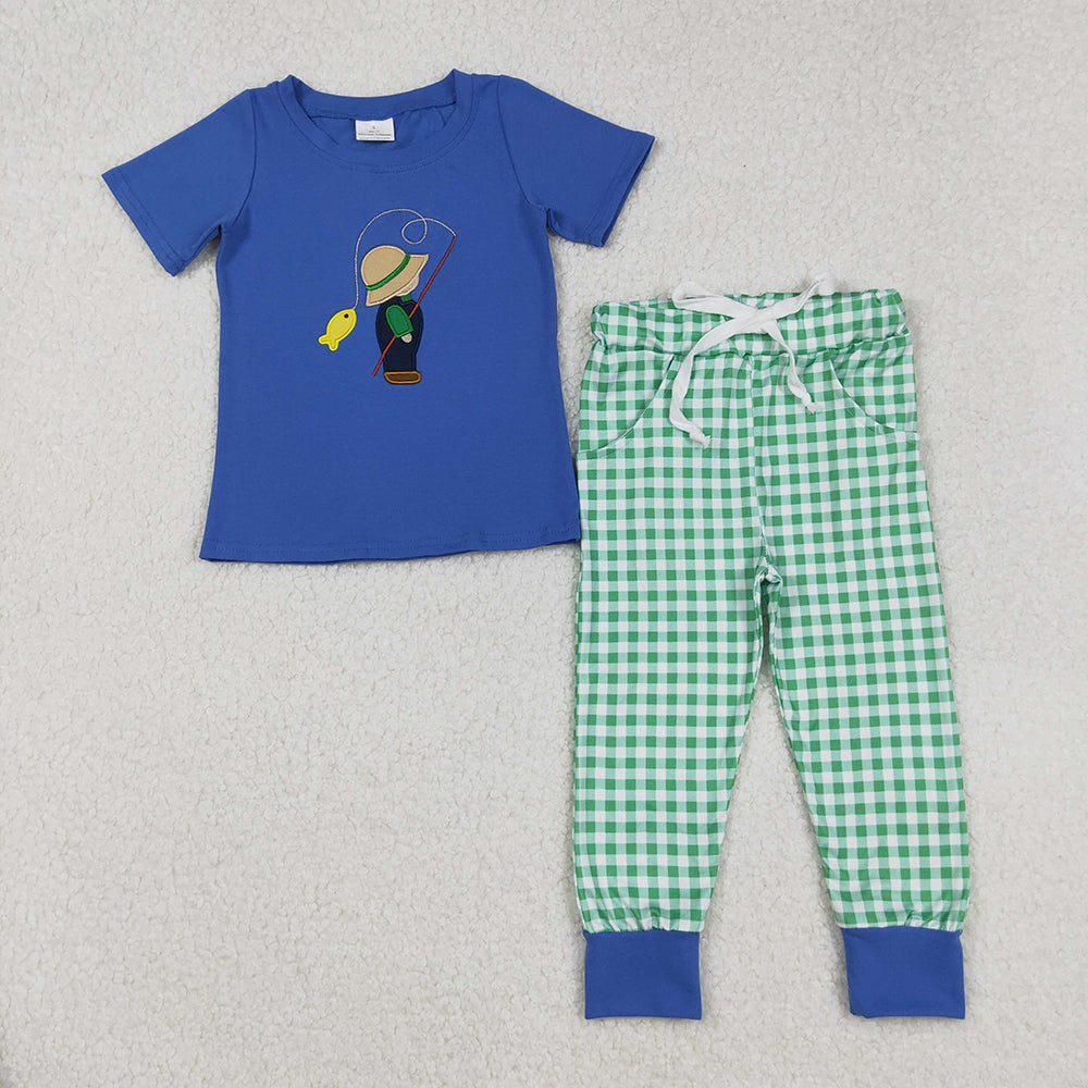 Embroidery Baby Boys Blue Fishing Shirt Checkered Pants Clothes Sets