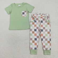 Load image into Gallery viewer, Baby Boys Short Sleeves Pocket Top Pockets Khaki Plaid Pant Sets
