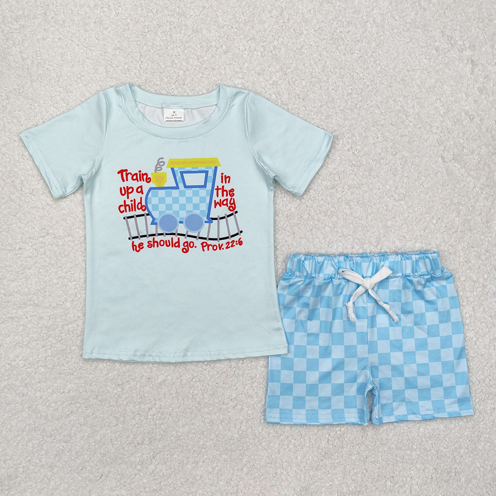 Baby Boys Blue Checkered Train Shirt Shorts Clothes Sets