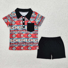 Load image into Gallery viewer, Baby Boys Western Aztec Black Pocket Shirt Shorts Clothes Sets
