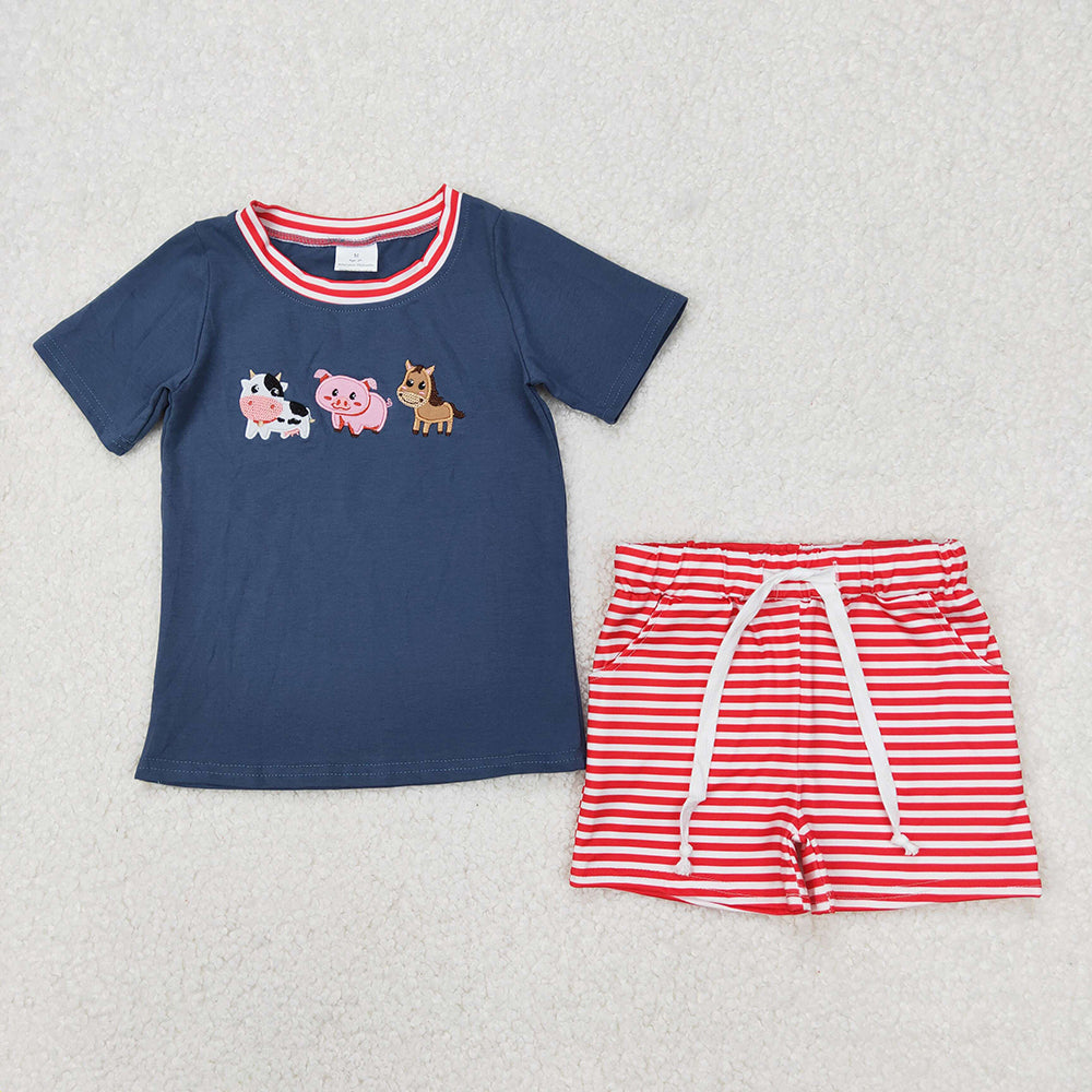 Baby Boys Blue Farm Animals Shirt Stripes Shorts Clothes Sets