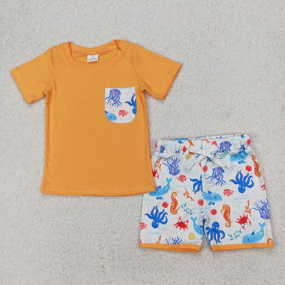 Baby Boys Orange Pocket Top Sea Animals Shorts Clothes Sets
