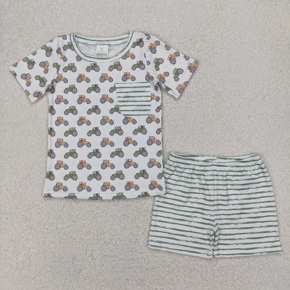 Baby Boys Farm Trucks Pocket Shirt Top Tee Shorts Clothes Sets