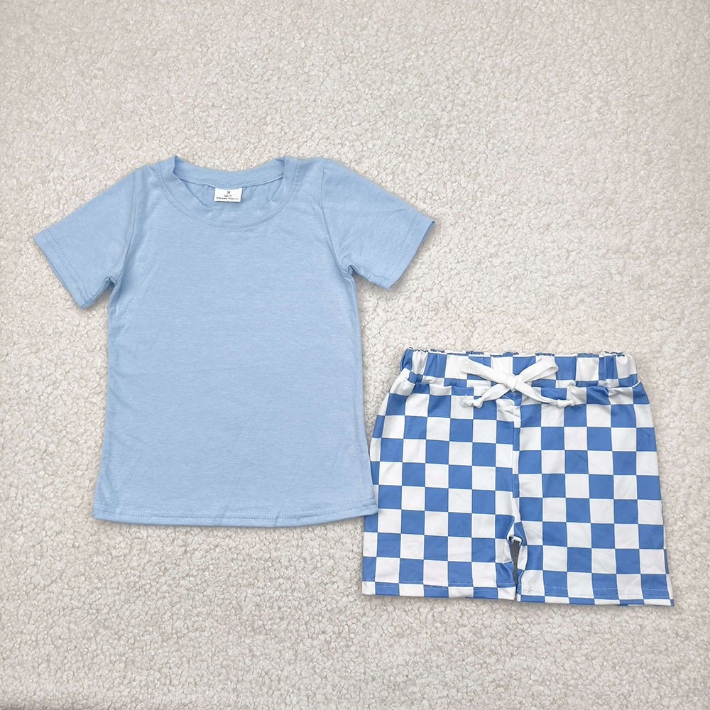Baby Boys Blue Short Sleeves Top Plaid Shorts Sets