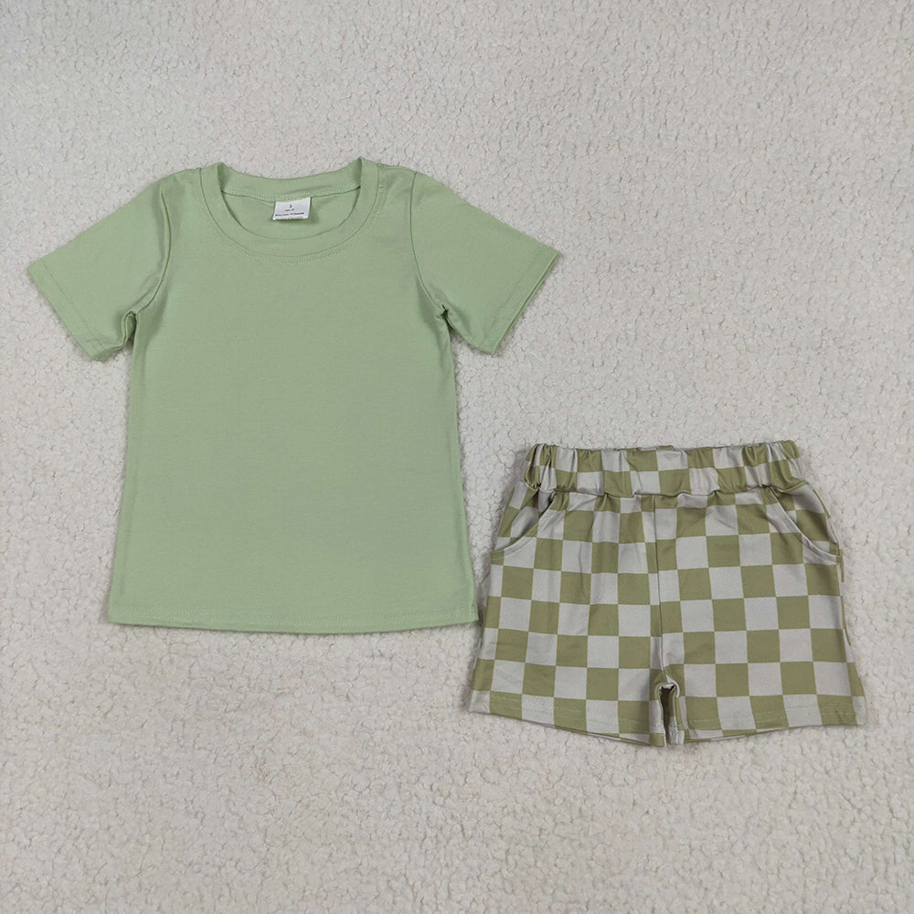 Baby Boys Green Short Sleeves Top Plaid Shorts Sets