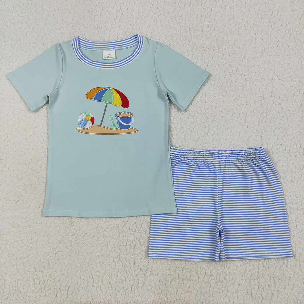 Embroidery Baby Boys Short Sleeves Beach Top Blue Stripe Short Sets