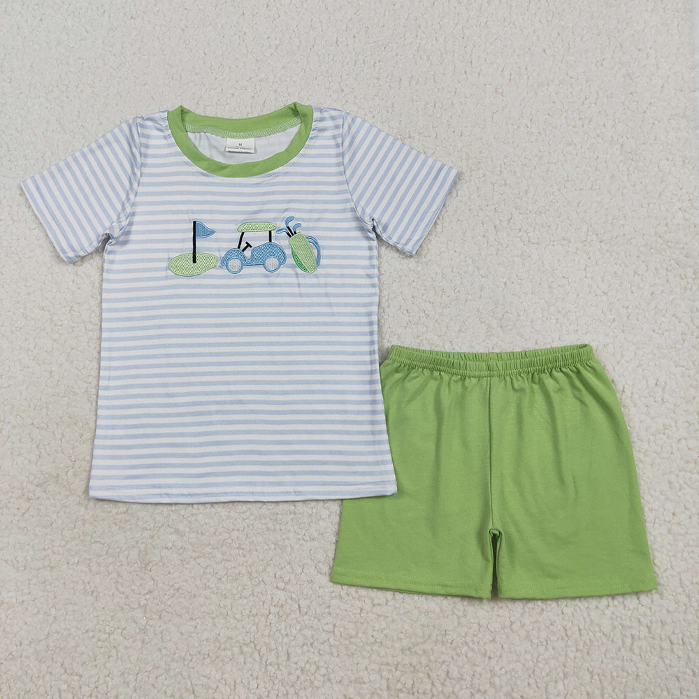 Baby Boys Blue Stripe Short Sleeves Golf Top Green Short Sets