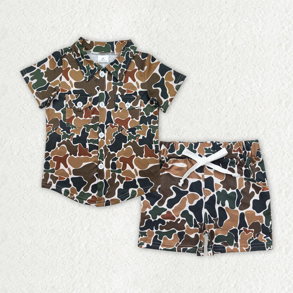 Baby Boys Brown Camouflage Button Pockets Shirts Top Shorts Sets
