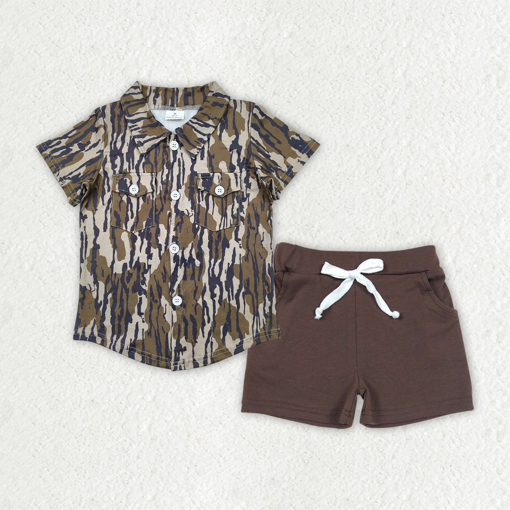 Baby Boys Bottomland Camo Button Pockets Shirts Top Brown Cotton Shorts Sets
