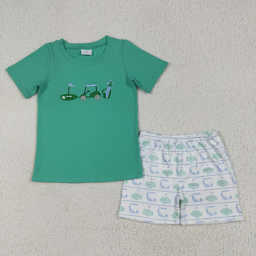 Embroidery Baby Boys Green Short Sleeves Golf Truck Top Short Sets