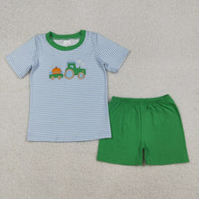 Load image into Gallery viewer, Sibling Baby Boys Blue Stripe Embroidery Pumpkin Truck Top Short Fall Clothes Sets Rompers
