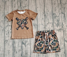 Load image into Gallery viewer, Baby Girls Dark Brown Camo Baseballs Top Pockets Shorts Team Clothes Sets
