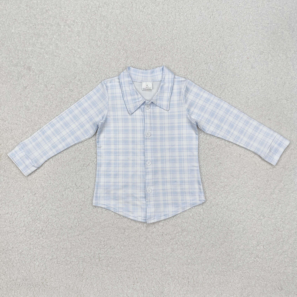 Baby Boys Blue Checkered Buttons Long Sleeve Tee Shirts Tops