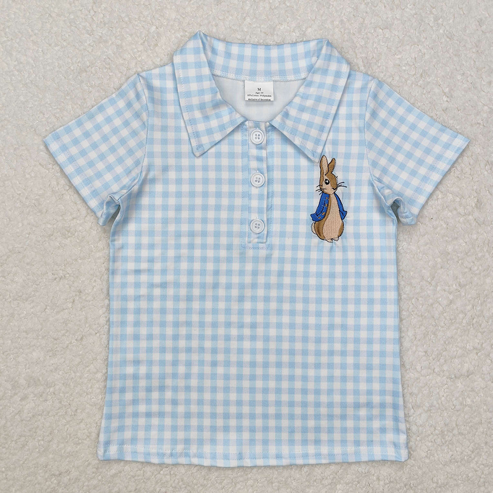 Baby Boys Blue Checkered Rabbit Short Sleeve Tee Shirts Tops