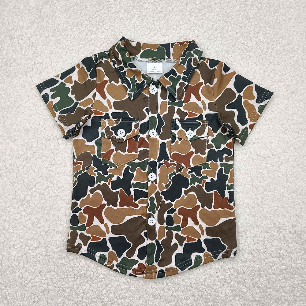 Baby Boys Dark Brown Camo Short Sleeves Button Pockets Shirts Tops