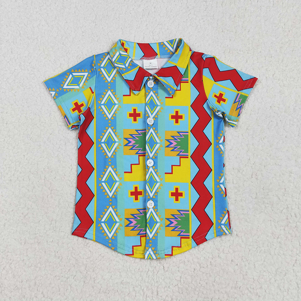Baby Boys Short Sleeves Colorful Aztec Print Button Shirts Tops