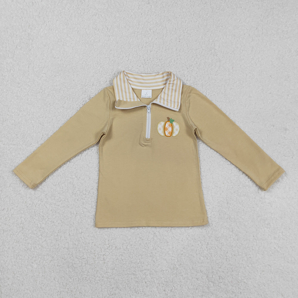 Embroidery Pumpkins Baby Boys Khaki Zipper Pullover Top