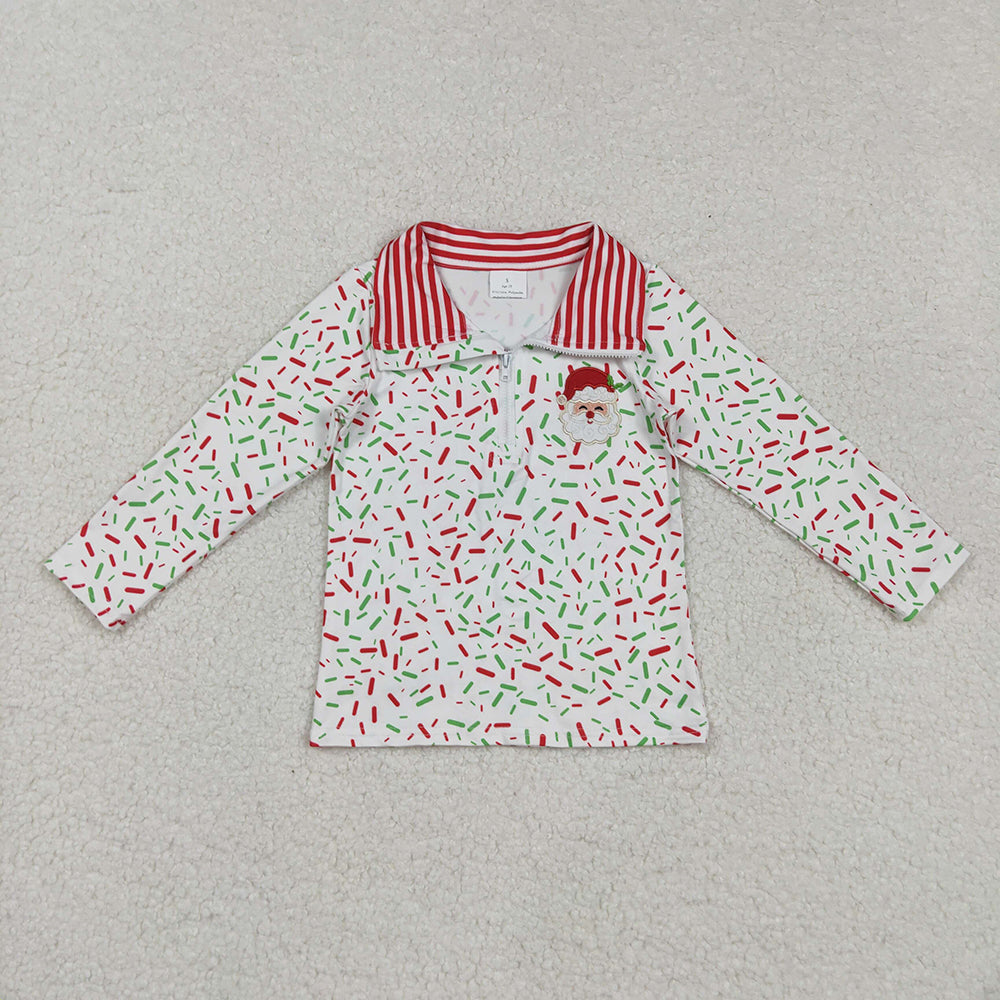 Embroidery Santa Baby Girls Red Green Spinkles Zipper Pullovers Top