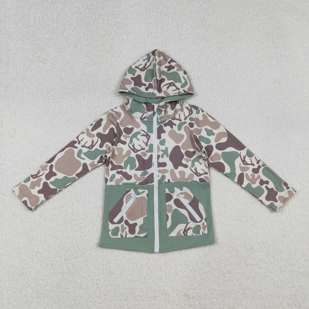 Sibling Baby Boys Green Khaki Deer Camo Pockets Zipper Hoodie Jackets Zipper Rompers