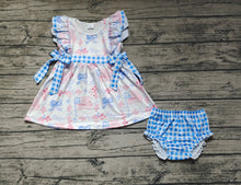 Load image into Gallery viewer, Baby Girls Blue Bows Flags Tunic Top Bummies Clothes Sets
