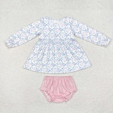 Load image into Gallery viewer, Sibling Girls Blue Bows Flowers Bummie Clothes Dresses
