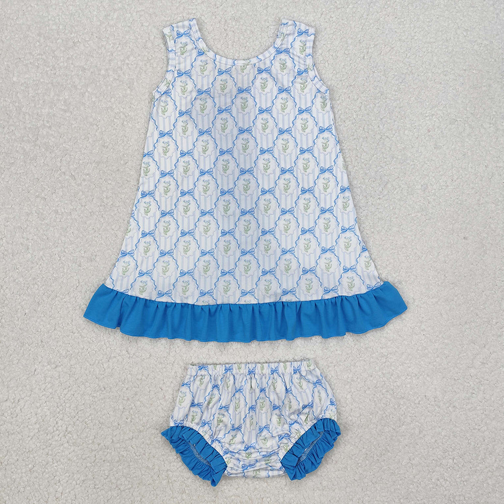 Baby Girls Blue Bows Ruffle Top Bummies Clothes Sets