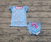 Load image into Gallery viewer, Baby Girls Blue Pink Flowers Bows Top Bummies Clothes Sets
