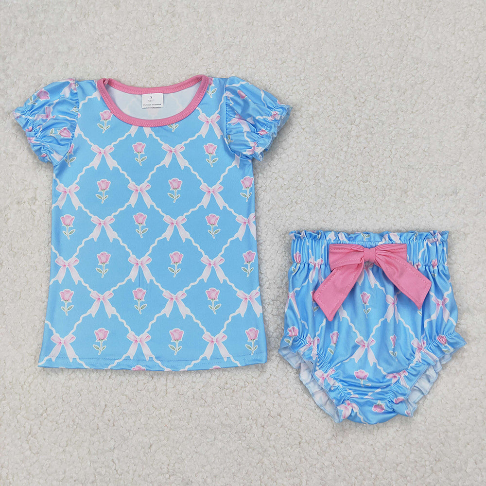 Baby Girls Blue Pink Flowers Bows Top Bummies Clothes Sets