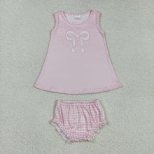 Load image into Gallery viewer, Baby Girls Pink Bows Print Sleeveless Knee Length Dresses Bummies Set
