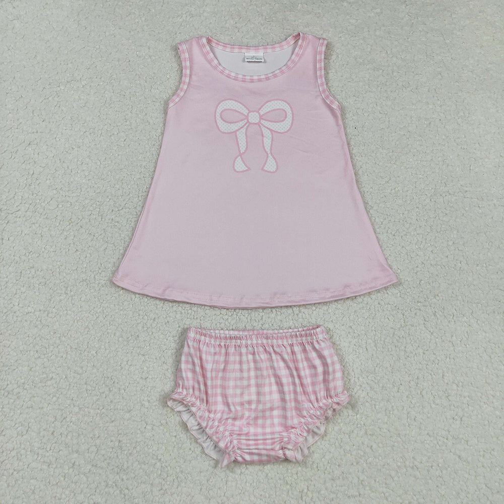 Baby Girls Pink Bows Print Sleeveless Knee Length Dresses Bummies Set