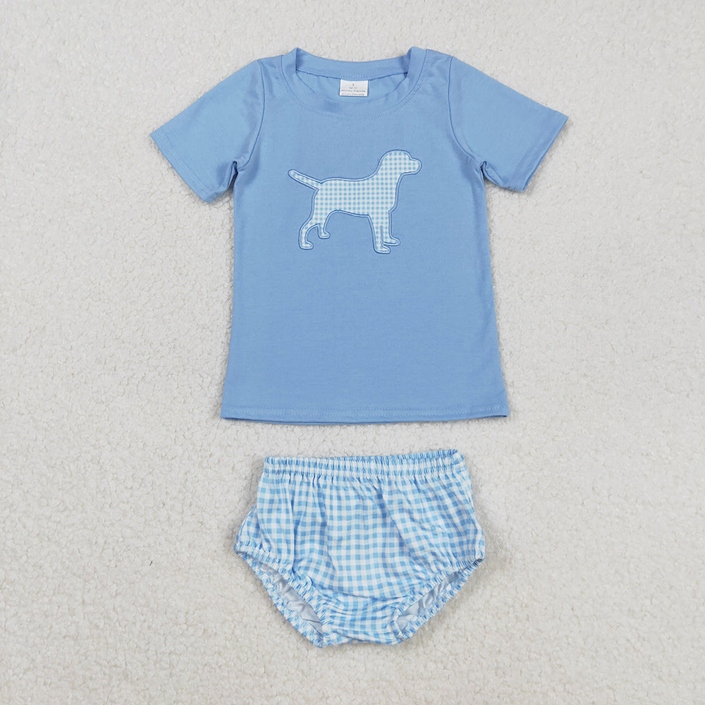 Embroidery Dog Baby Boys Blue Shirts Top Bummies Clothes Sets