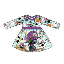 Load image into Gallery viewer, Baby girls Halloween cat long sleeve belt dresses
