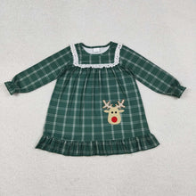 Load image into Gallery viewer, Embroidery Deer Mama and Me Green Checked Christmas Sleep Wear Pajamas Ruffle Dresses
