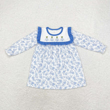 Load image into Gallery viewer, Baby Girls Blue Flowers Christmas Trees Knee Length Dresses
