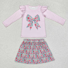 Load image into Gallery viewer, Baby Girls Fall Pink Bow Tee Flowers Skirt Clothes Sets
