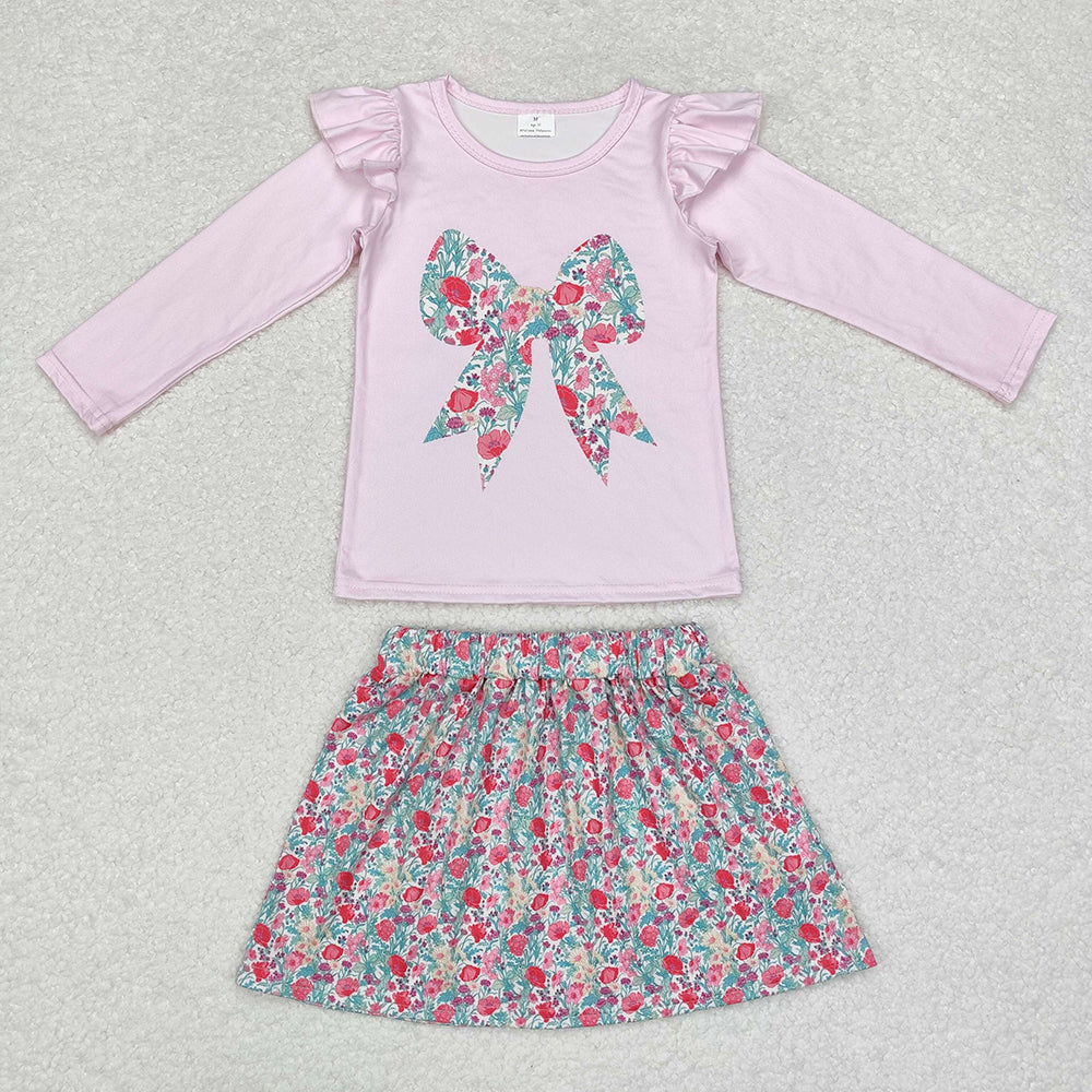 Baby Girls Fall Pink Bow Tee Flowers Skirt Clothes Sets