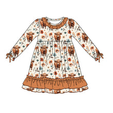 Load image into Gallery viewer, Baby Girls Western Flowers Highland Cow Knee Length Dresses
