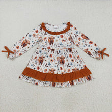 Load image into Gallery viewer, Baby Girls Western Flowers Highland Cow Knee Length Dresses
