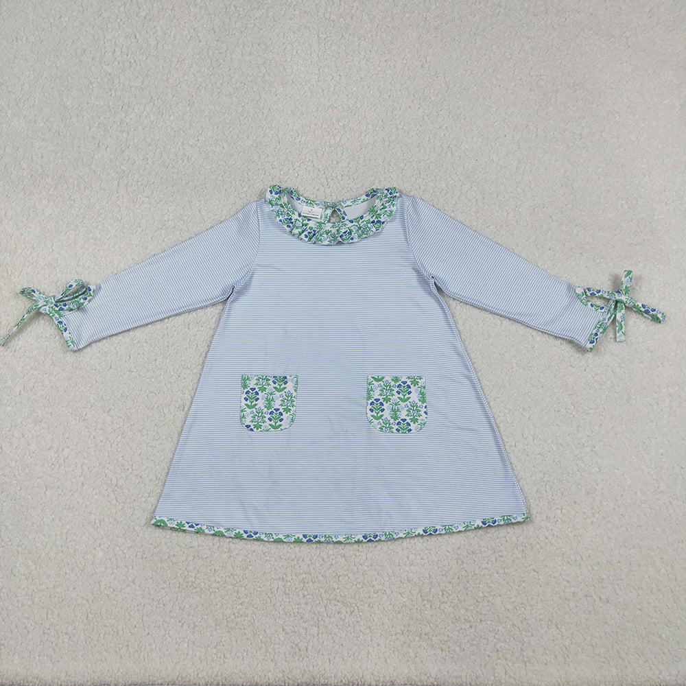 Baby Girls Stripes Green Flowers Pockets Knee Length Dresses
