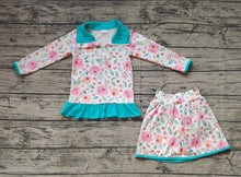 Load image into Gallery viewer, Baby Girls Blue Flowers Jacket Skorts 2pcs Sets
