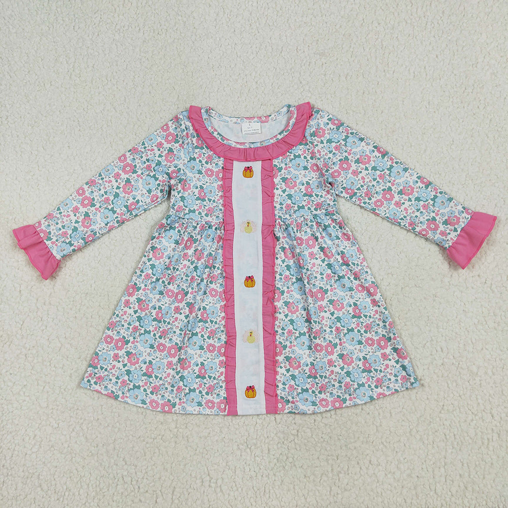 Embroidery Baby Girls Floral Turkey Pumpkins Knee Length Dresses