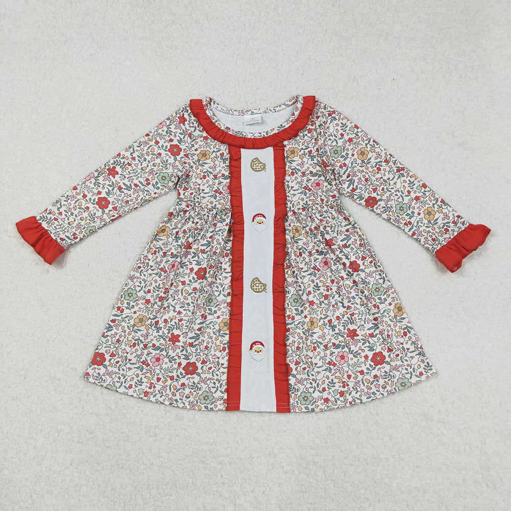 Embroidery Baby Girls Christmas Floral Santa Cakes Knee Length Dresses