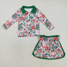 Load image into Gallery viewer, Baby Girls Long Sleeves Green Red Floral Zip Pullovers Top Skorts Clothes Set
