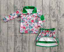 Load image into Gallery viewer, Baby Girls Long Sleeves Green Red Floral Zip Pullovers Top Skorts Clothes Set
