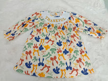 Load image into Gallery viewer, Smocked Embroidery Baby Girls Thanksgiving Thankful Colorful Bows Knee Length Dresses
