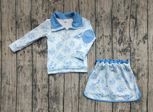 Load image into Gallery viewer, Baby Girls Long Sleeves Blue Flowers Plaid Zipper Top Skorts Yoga Sets
