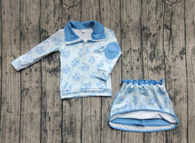Load image into Gallery viewer, Baby Girls Long Sleeves Blue Flowers Plaid Zipper Top Skorts Yoga Sets
