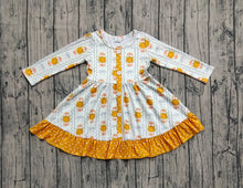 Load image into Gallery viewer, Baby Girls Long Sleeves Pumpkins Bows Plaid Button Ruffle Knee Length Dresses
