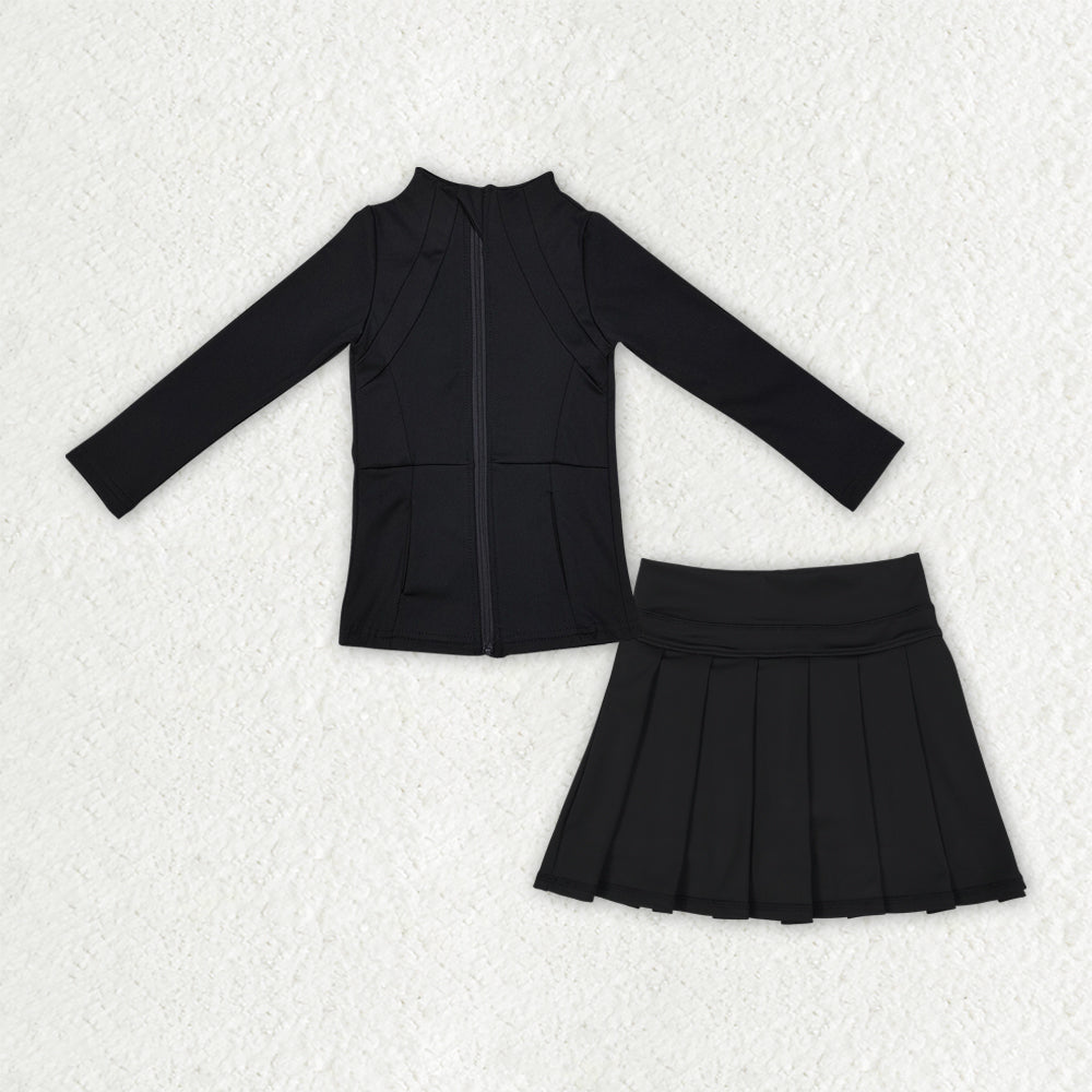 Baby Girls Black Long Sleeves Zipper Pockets Jackets Top Skort Yoga Sets