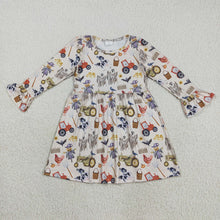 Load image into Gallery viewer, Baby Girls Long Ruffle Sleeves Trucks Chicks Farm Knee Length Dresses

